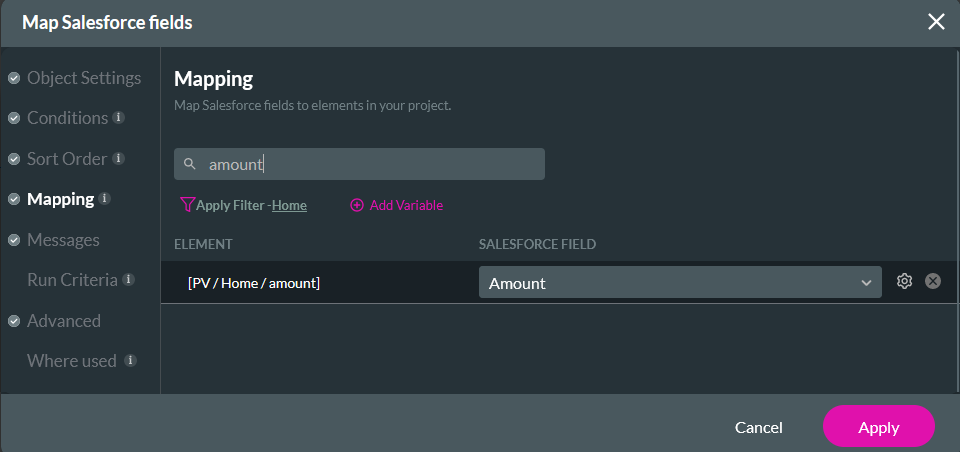 Map Salesforce fields with mapping tab displayed showing the amount config 