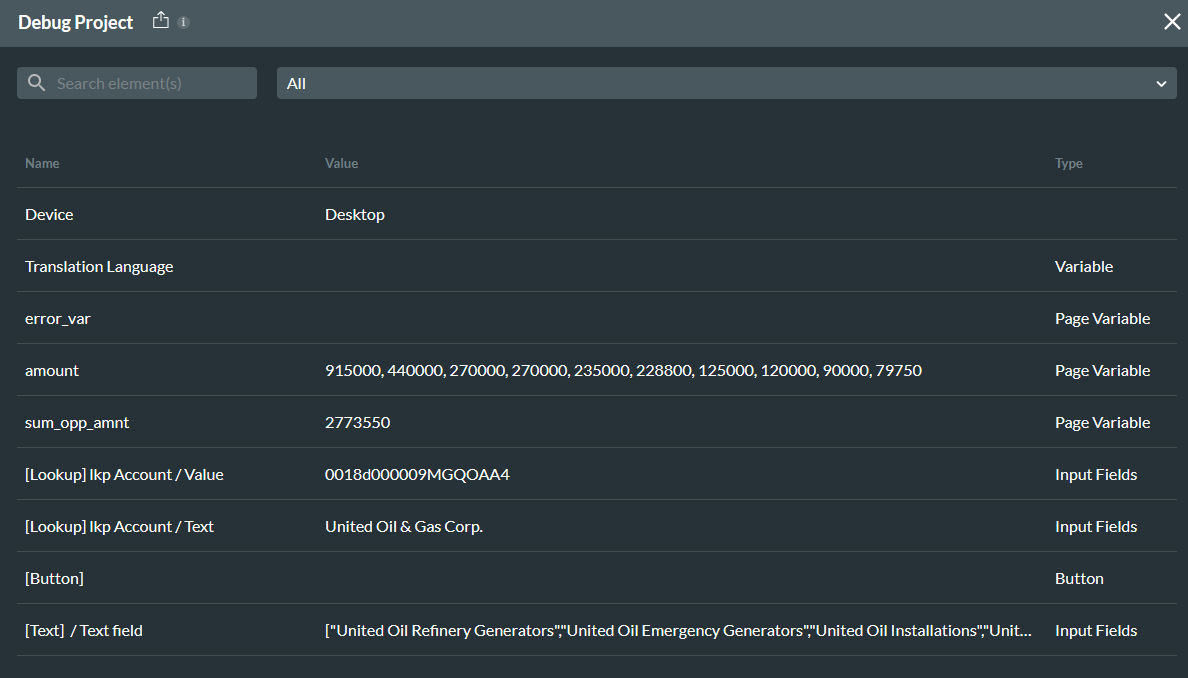 debug project window showing total value mapping 