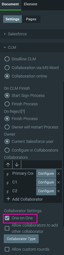 Screenshot of the document settings menu showing the One to One setting enabled 