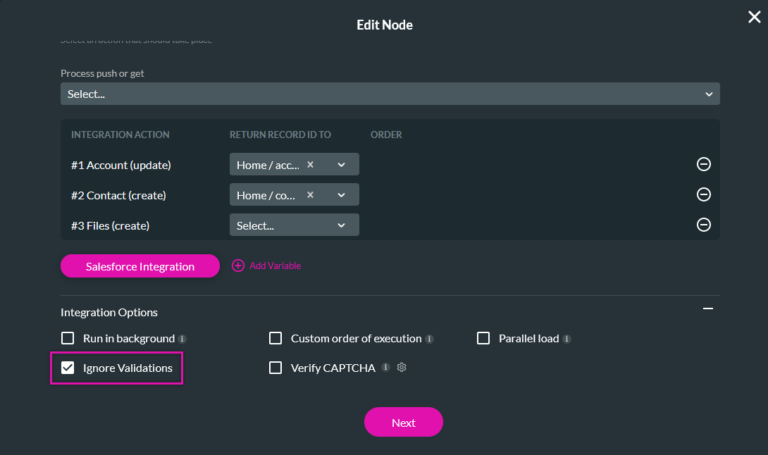 Edit node screen with Ignore Validation highlighted 