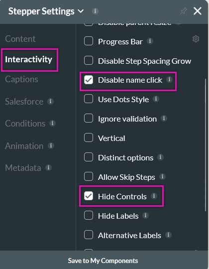 Stepper settings showing the interactivity tab 