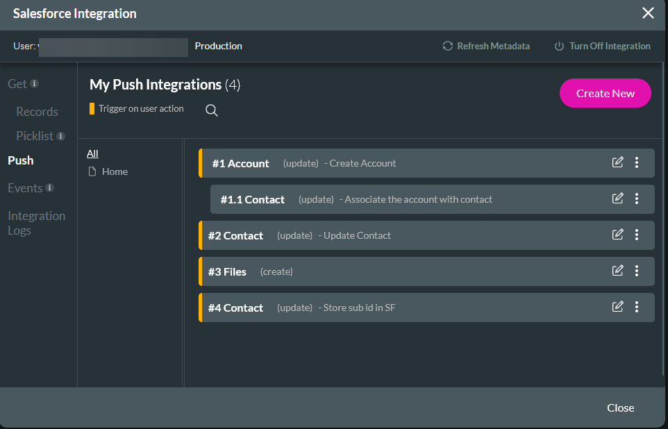 Salesforce Integration showing create new push 