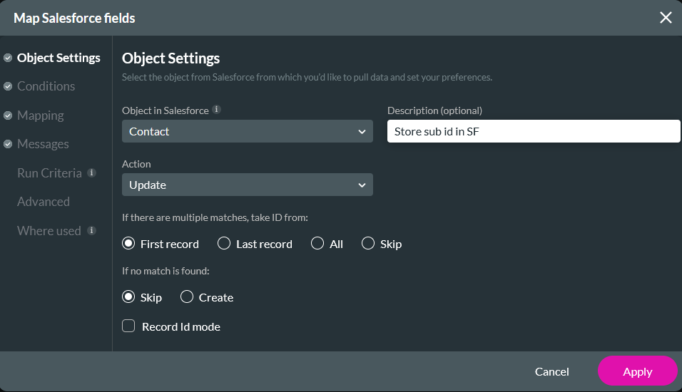 Map Salesforce fields showing object settings tab 