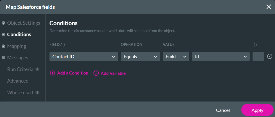 Map Salesforce fields showing conditions tab 