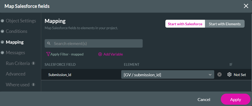 Map Salesforce fields showing mapping tab 