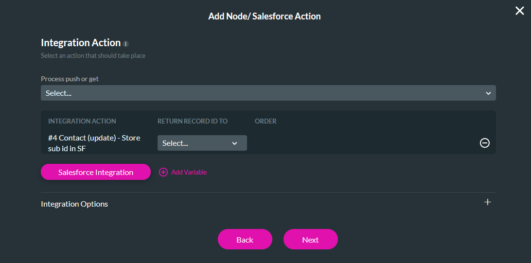 Add Node/ Salesforce Action screens showing selected push 