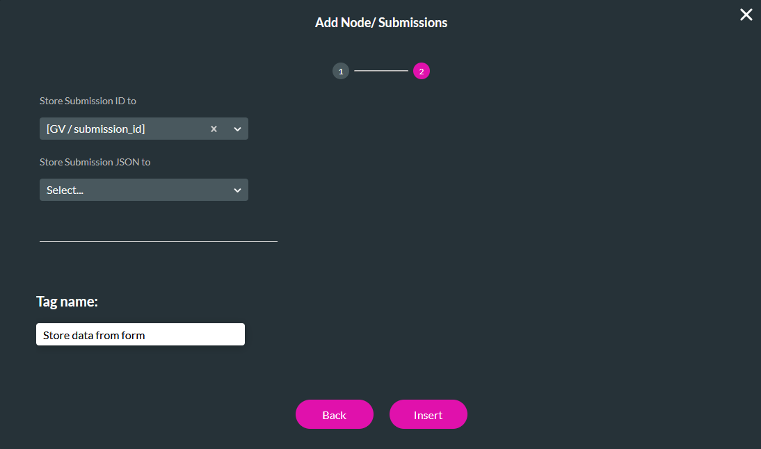 add node / submissions window showing configuration 