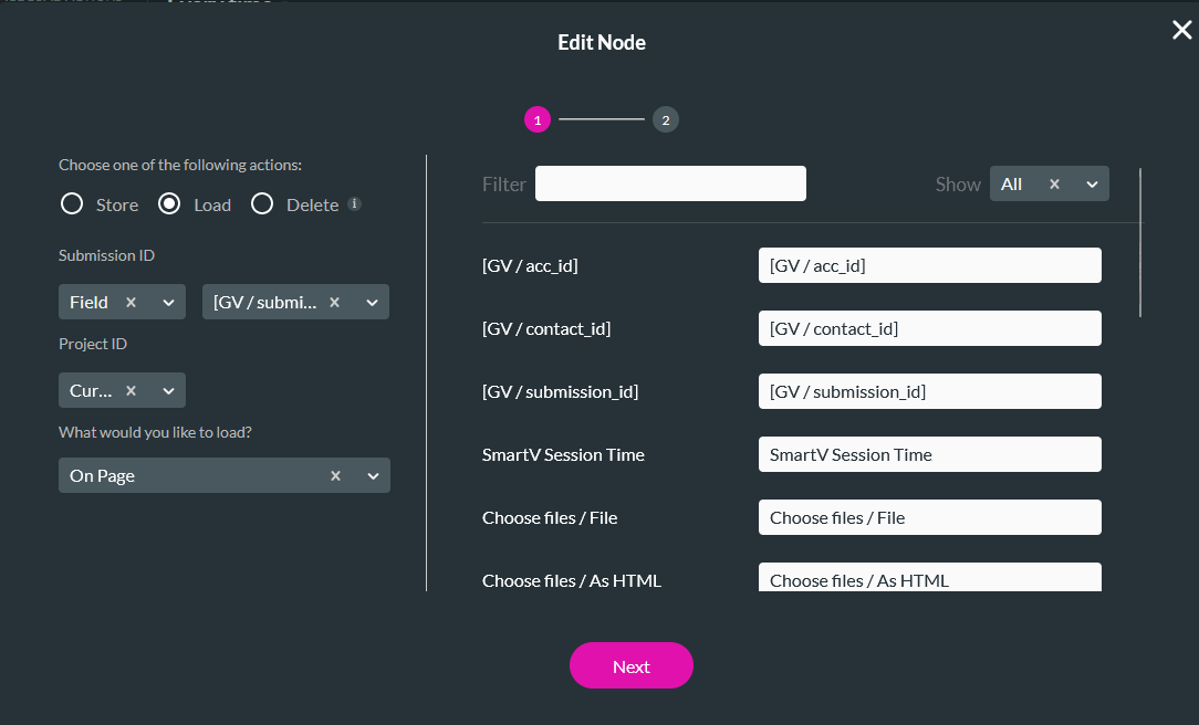 Edit node window showing submission configuration 