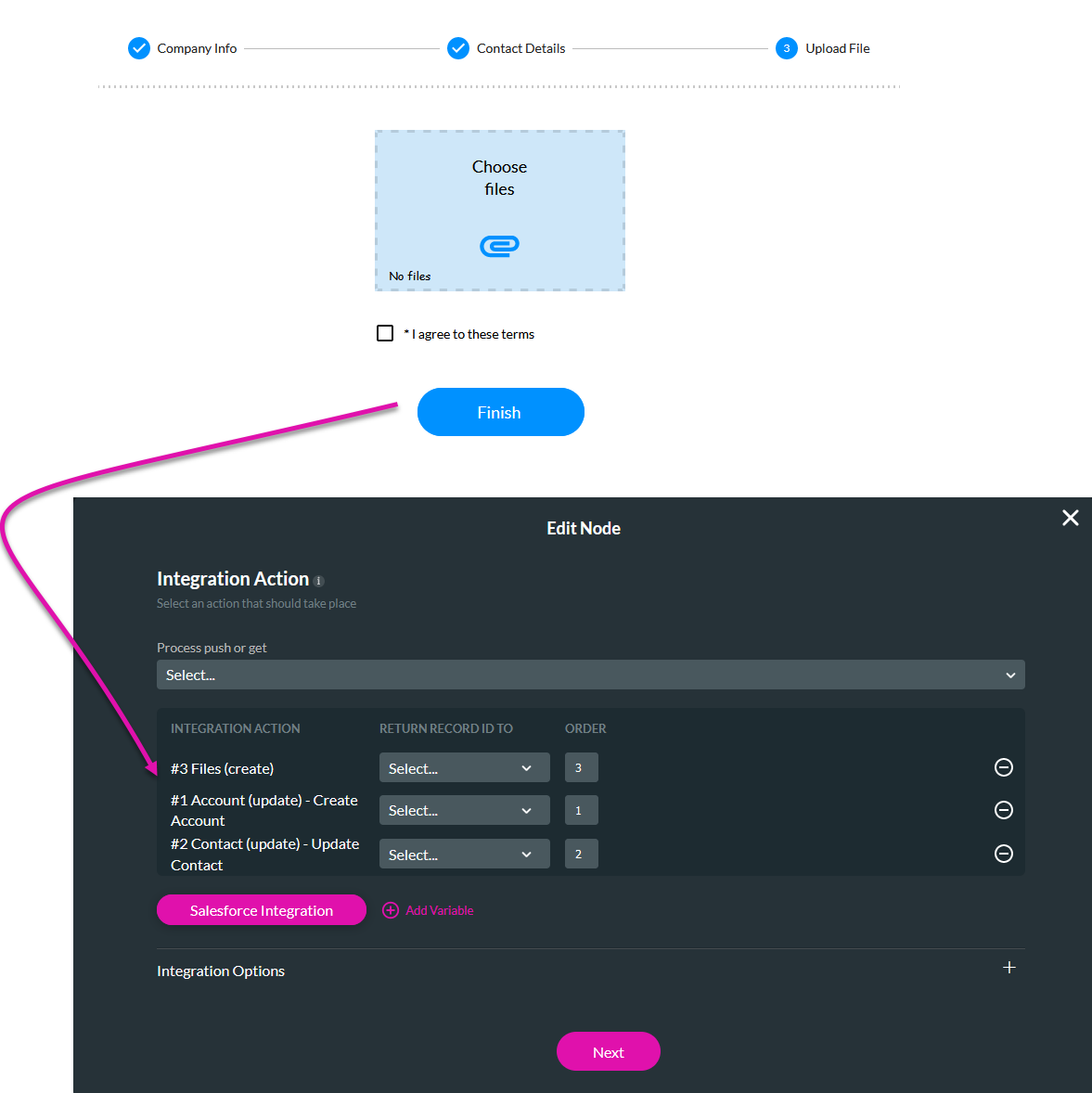 Screenshot showing how the three salesforce actions were configured and ordered 