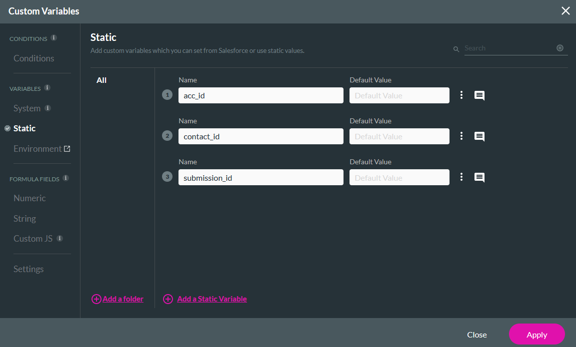 Custom variables window showing static variables 