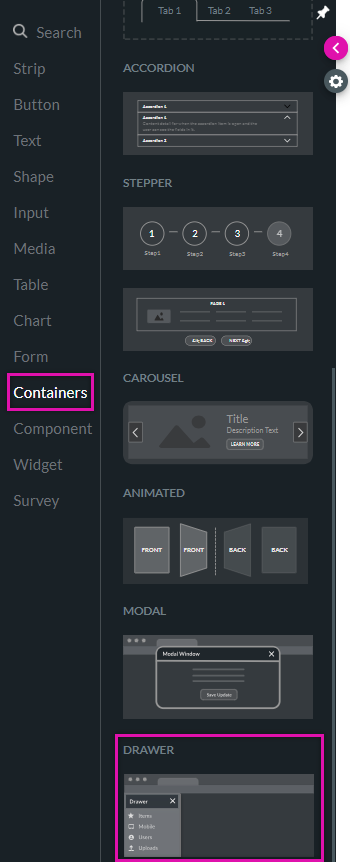 the container tab in the element menu 