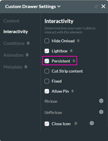 custom drawer settings > interactivity tab 