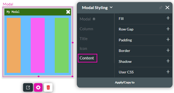 the content tab controls the styling for the modal body window 