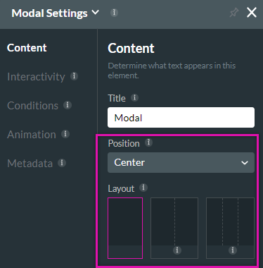 modal settings position and layout options 