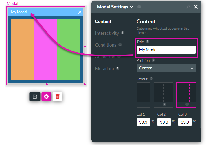 adding a modal title using the modal settings window 