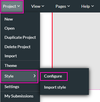 expanded dropdown menu, style sub menu> configure 