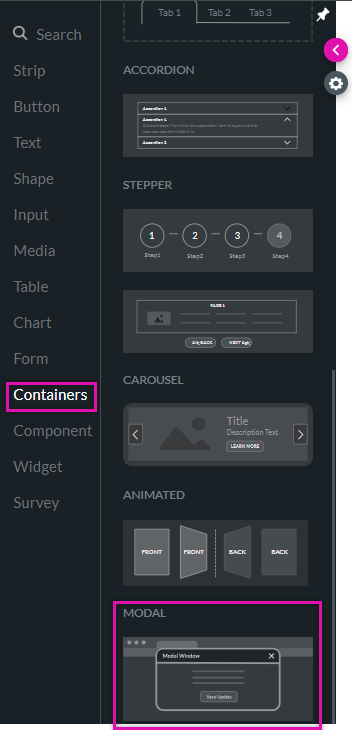 modal found under the container tab 