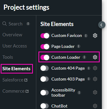 enabling custom loader from the site element project settings menu 