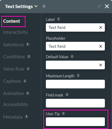 Content tab for element settings menu with tooltip highlighted 