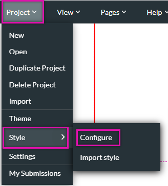 Expanded project dropdown, style elected and configure selected from the sub menu 