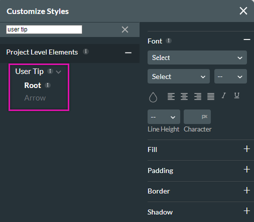 customize styles > user tips style options available 