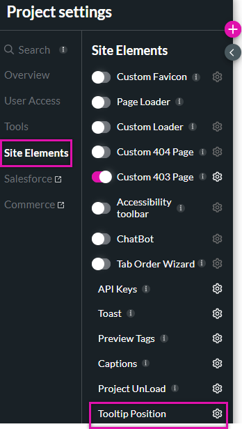 accessing the tool tip position settings in site elements under project settings 