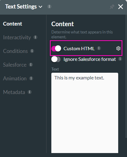 custom html toggle switch enables in the text element settings menu 