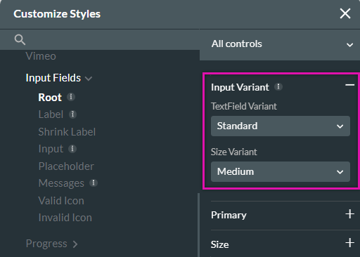 customize styles > input variant 