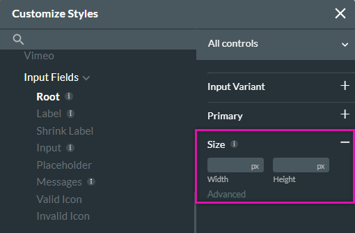 customize styles > root > sizes 