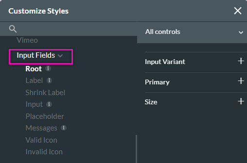 customize styles window with the input fields styling options displayed 