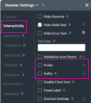 enabling prefix and suffix icons in the element interactivity tab 