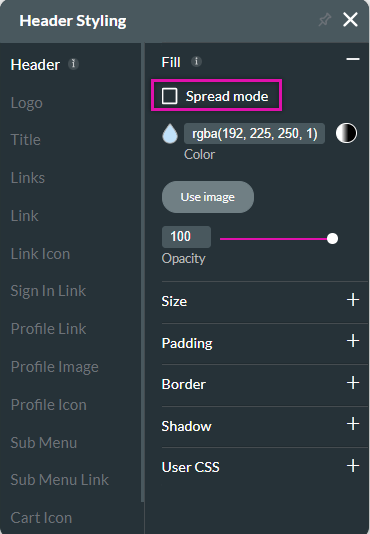 header styling > header tab > spread mode 