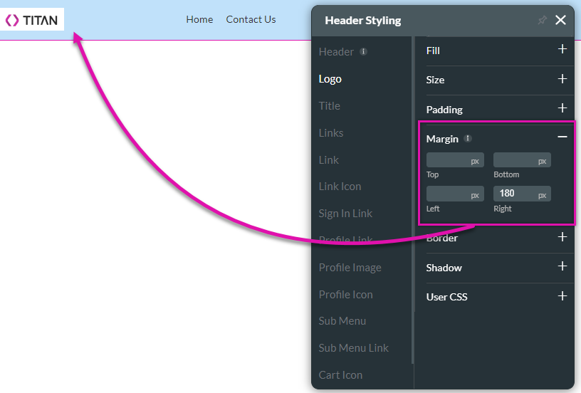 header styling > logo tab > margins 
