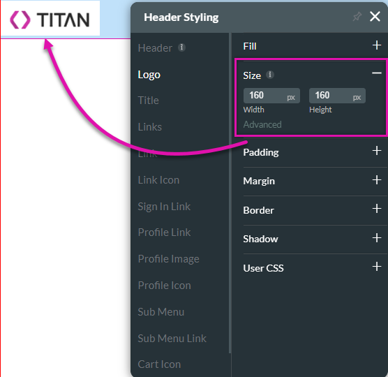 header styling > logo tab > size drop down 