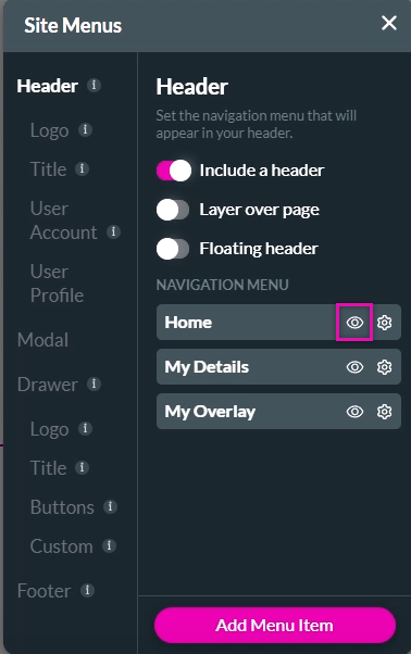 site menus > navigation menu > eye icon 