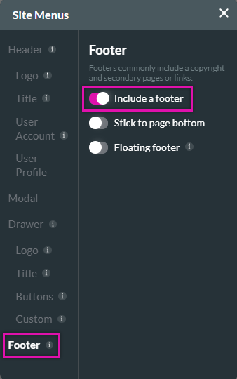 site menus > footer tab > include a footer 