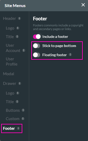 site menu > footer tab > position options 