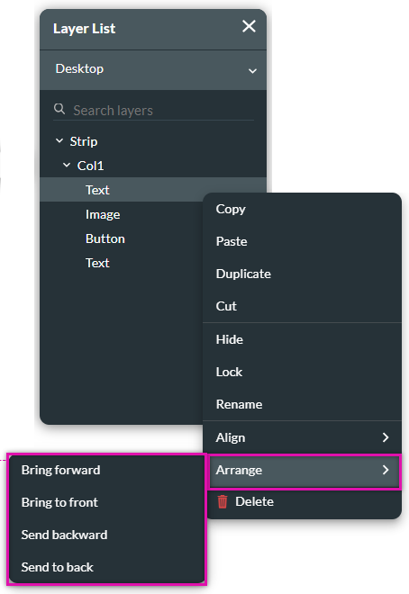 layer list > arrange sub menu 