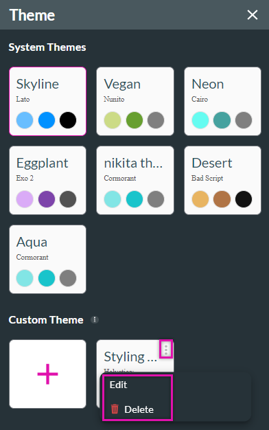 opened kebab menu on custom theme