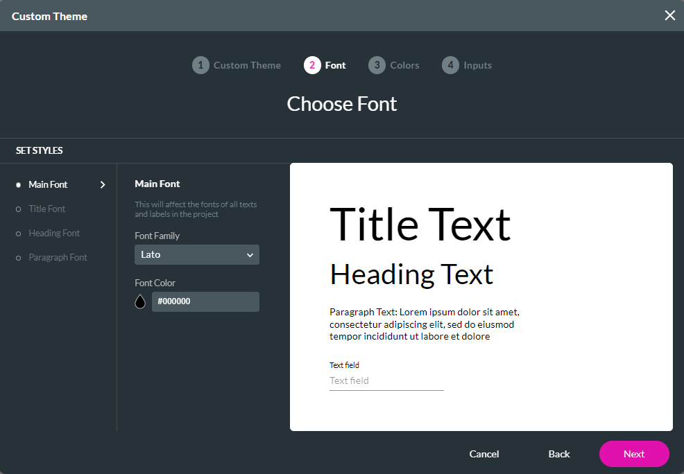 custom theme window > choosing font