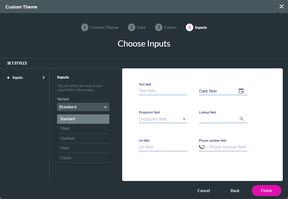 custom theme window showing choosing inputs 