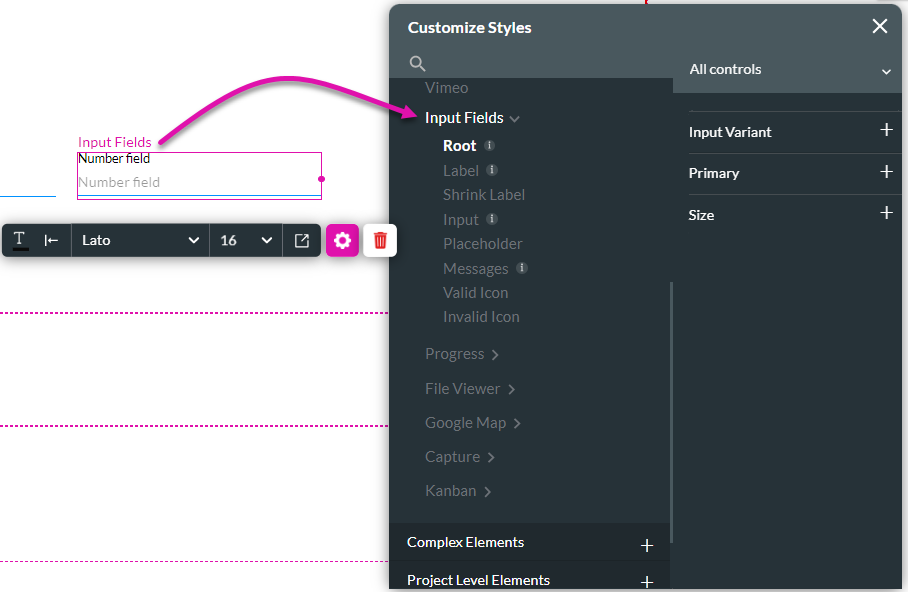 selected element automatically highlighted in the customize style menu 