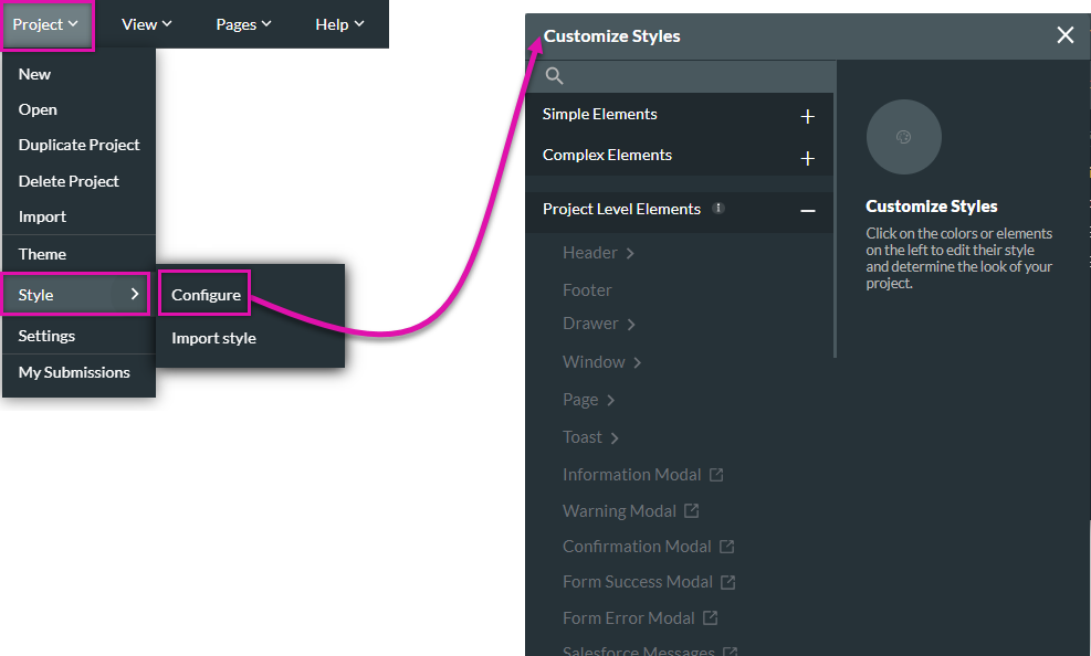 project dropdown > style > configure> project style menu 