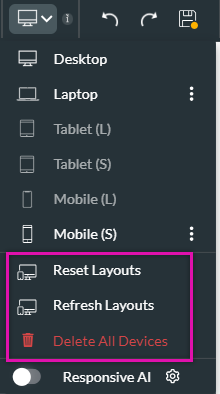 device dropdown expanded with the reset and refresh layout options highlighted 