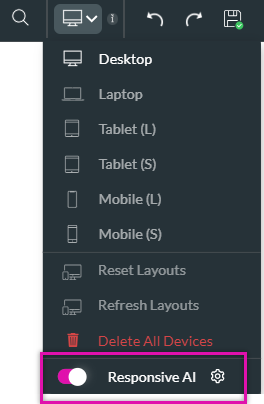 device dropdown expanded with responsive AI toggle switch enabled 