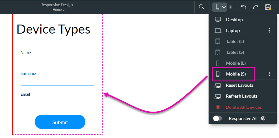 screenshot displaying how the strip margins adjust according to the device selected