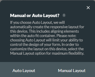 automatic popup displaying the manual or auto layout options 