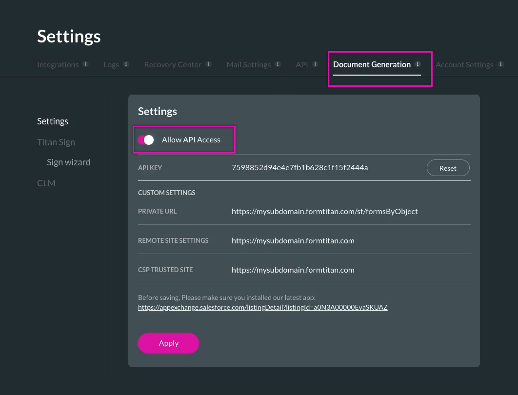 allow api access for document generation 