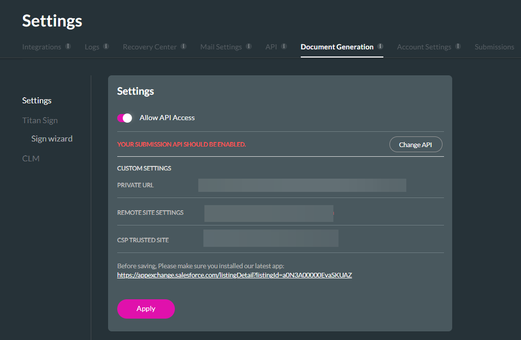 api access in document generation settings 