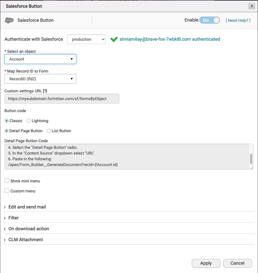 salesforce button configuration 